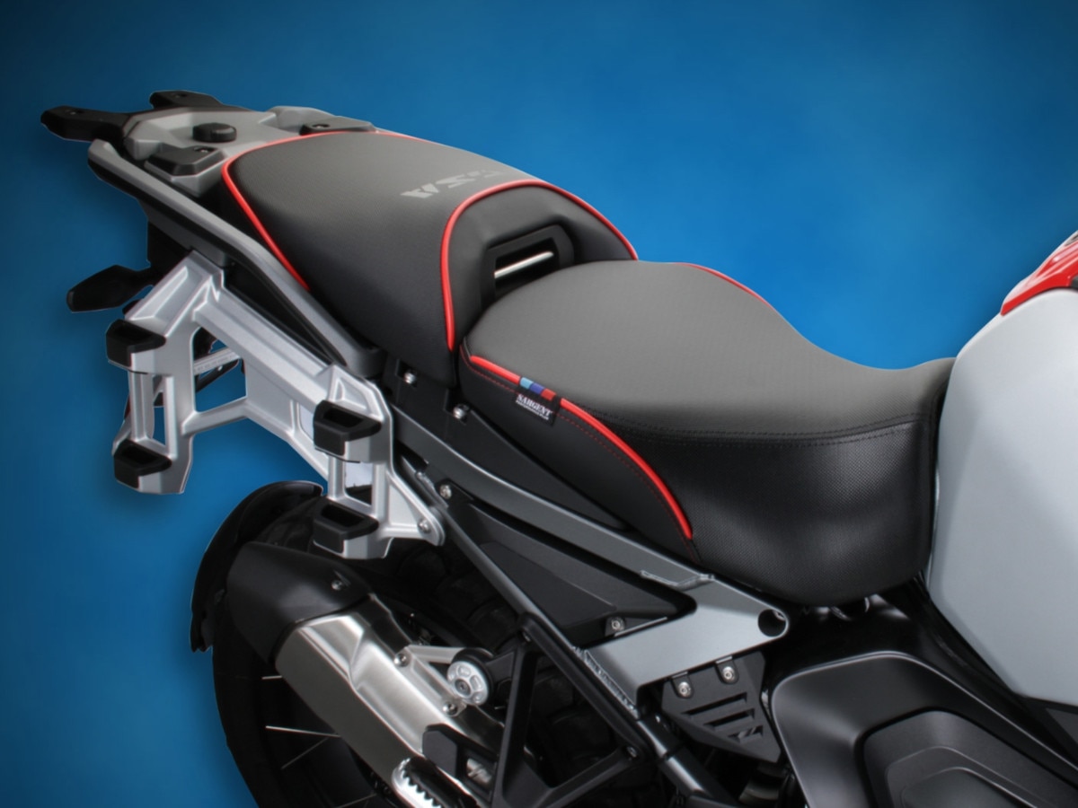 Sargent Cycle Product's Performance Plus motorcycle seat for the BMW R1300GSA shown with red accents.